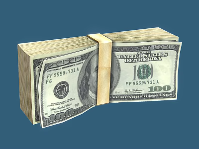 Close Up Stack of US 100 Dollar Bills Bundled with Rubber Band on Blue Background 3d model