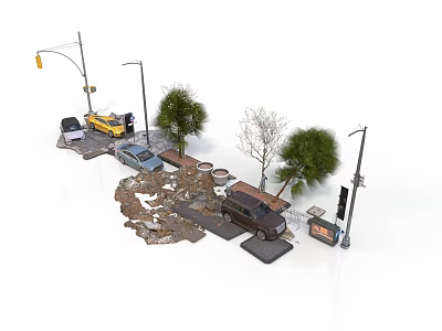 Urban Street Scene With Street Lamps Yellow Taxi Cars Trees And Cracked Pavement 3d model