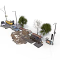 Urban Street Scene With Street Lamps Yellow Taxi Cars Trees And Cracked Pavement