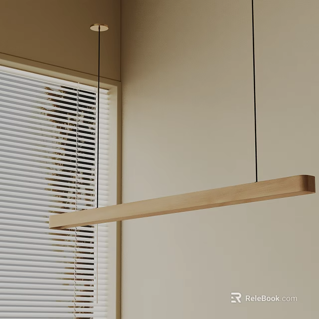 Modern Long Wooden Pendant Light in Minimalist Interior with Beige Wall and Window Blinds 3d model 