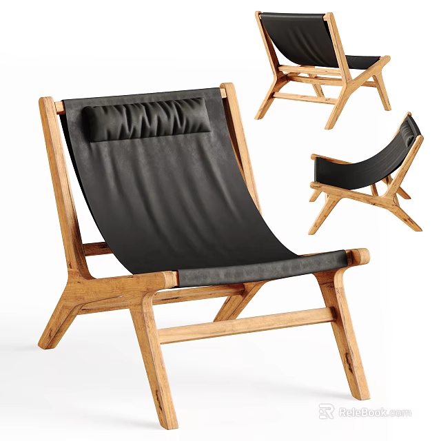 Wooden Frame Lounge Chair With Black Cushion And Multiple Angles 3d model