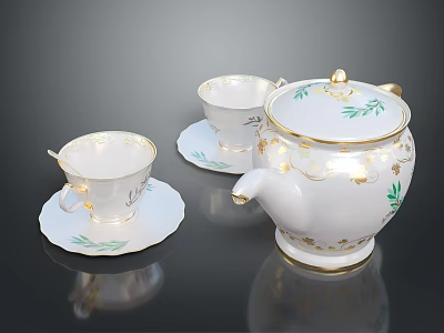 White Porcelain Tea Set With Gold Trim Green Leaf Patterns Teapot Cups And Saucers 3d model