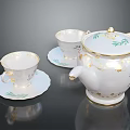 White Porcelain Tea Set With Gold Trim Green Leaf Patterns Teapot Cups And Saucers