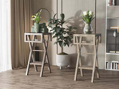 Two Wooden Plant Stands With Green Plants And Vase In Modern Interior Decor 3d model
