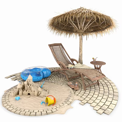 Lounge Chair In Outdoor Setting With Straw Umbrella Small Table Sandcastle And Sand Toys 3d model