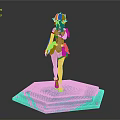 3D Character Model With Blue Green Hair And Black White Outfit On Blue Hexagonal Platform