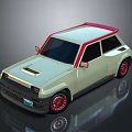 Light Green Small Car With Red Roof And Red Rims In Vintage Cartoon Design