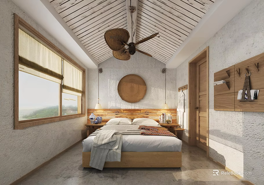 Cozy Bedroom With Wooden Ceiling Fan And Large Windows 3d model 
