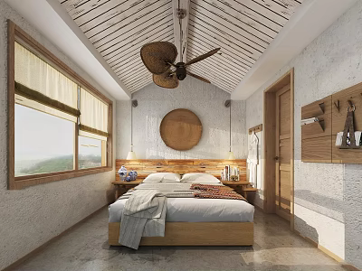 Cozy Bedroom With Wooden Ceiling Fan And Large Windows 3d model