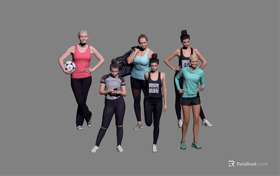 Multiple Women In Sportswear Standing Together With Soccer Ball And Smartphone 3d model 