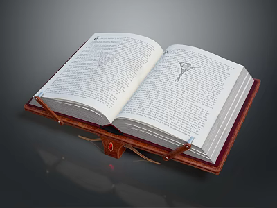 Open Leather Cover Book Furniture Piece With Text Illustrations Red Decoration And Brown Straps 3d model