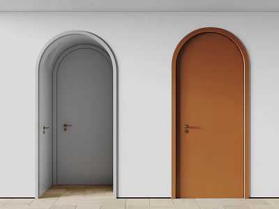 Two Gray and Brown Hinged Doors with Arched Frames on White Wall and Light Floor 3d model