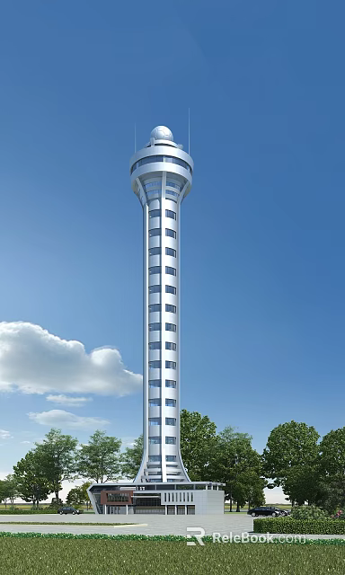 Tall Modern Tower With Glass Facade And Windows Against Clear Blue Sky 3d model 