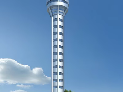 Tall Modern Tower With Glass Facade And Windows Against Clear Blue Sky 3d model