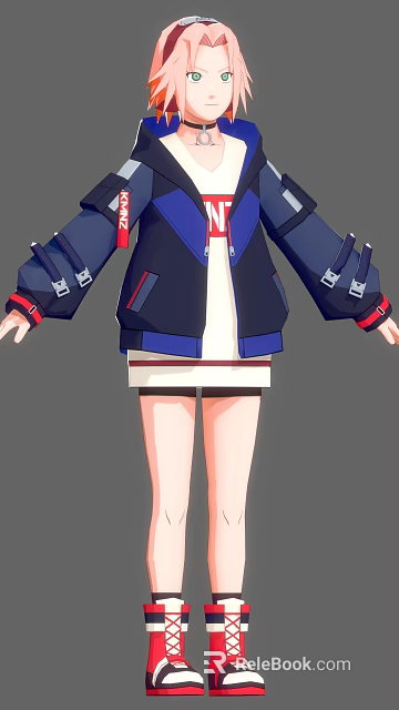 Humanoid Anime Character Wearing Blue Black Jacket With Red Accents And White Skirt 3d model 