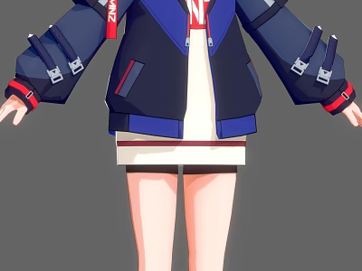 Humanoid Anime Character Wearing Blue Black Jacket With Red Accents And White Skirt 3d model