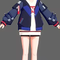 Humanoid Anime Character Wearing Blue Black Jacket With Red Accents And White Skirt