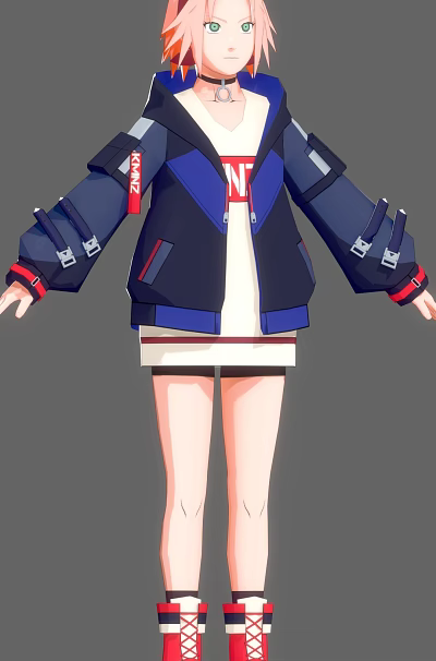 Humanoid Anime Character Wearing Blue Black Jacket With Red Accents And White Skirt 3d model