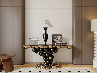 Elegant Console Table With Black Vase Green Plant And Gold Base Wooden Backdrop 3d model
