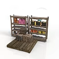 Wooden Storage Shelves Display With Colorful Boxes Items And Front Wooden Pallet Crate