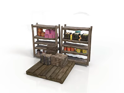 Wooden Storage Shelves Display With Colorful Boxes Items And Front Wooden Pallet Crate 3d model