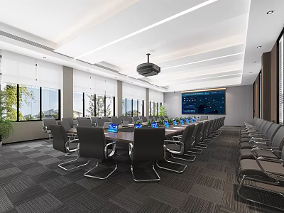Modern Conference Room Interior With Long Table Black Chairs Large Screen And Windows 3d model