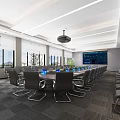 Modern Conference Room Interior With Long Table Black Chairs Large Screen And Windows 3d model