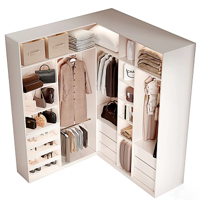 Modern Organized Wardrobe Interior With Hanging Clothes Folded Garments Bags Shoes And Storage Boxes 3d model