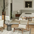 Modern Bedroom Interior With Wooden Furniture Floor to Ceiling Windows and Outdoor Pool View