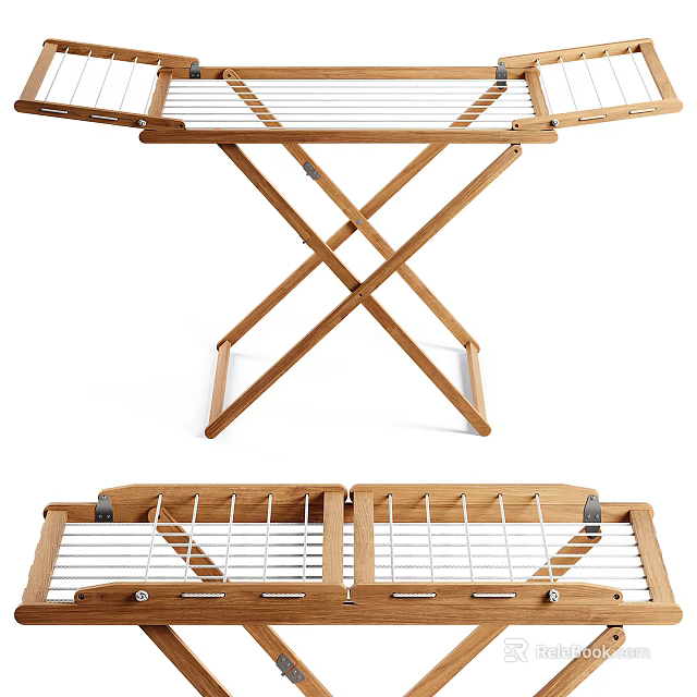 Wooden Foldable Clothes Drying Rack With Crossed Legs And Drying Bars 3d model 