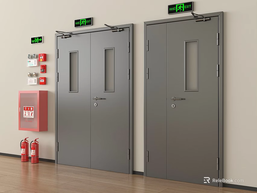 Gray Fire Doors In Hallway With Green Emergency Exit Signs And Red Fire Extinguishers 3d model 