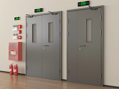 Gray Fire Doors In Hallway With Green Emergency Exit Signs And Red Fire Extinguishers 3d model