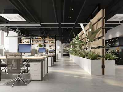 Modern Public Office Space With Desks Computers Green Plants Bookshelves And Open Layout 3d model