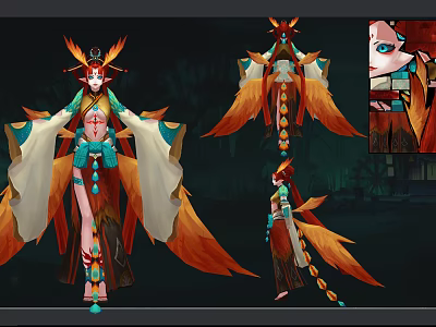 Game Movie Character With Phoenix Inspired Elegant Outfit Orange Feathers And Blue Ornaments 3d model