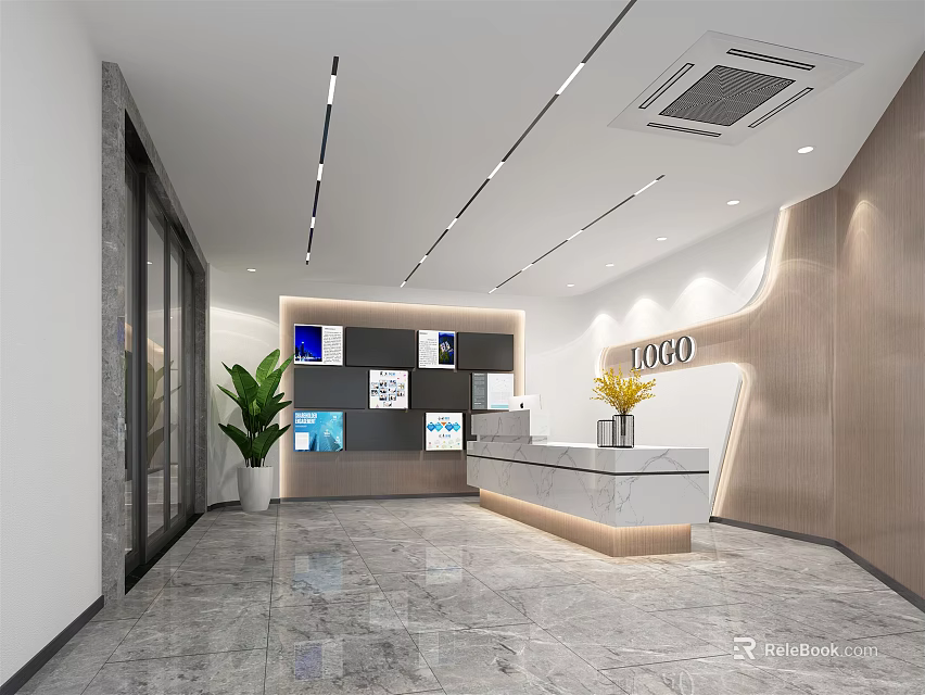 Modern Reception Desk Interior With Logo Display Wall Green Plant And Marble Countertop 3d model 