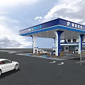 Modern Gas Station Exterior With Blue Canopy White Pillars And Fuel Pumps