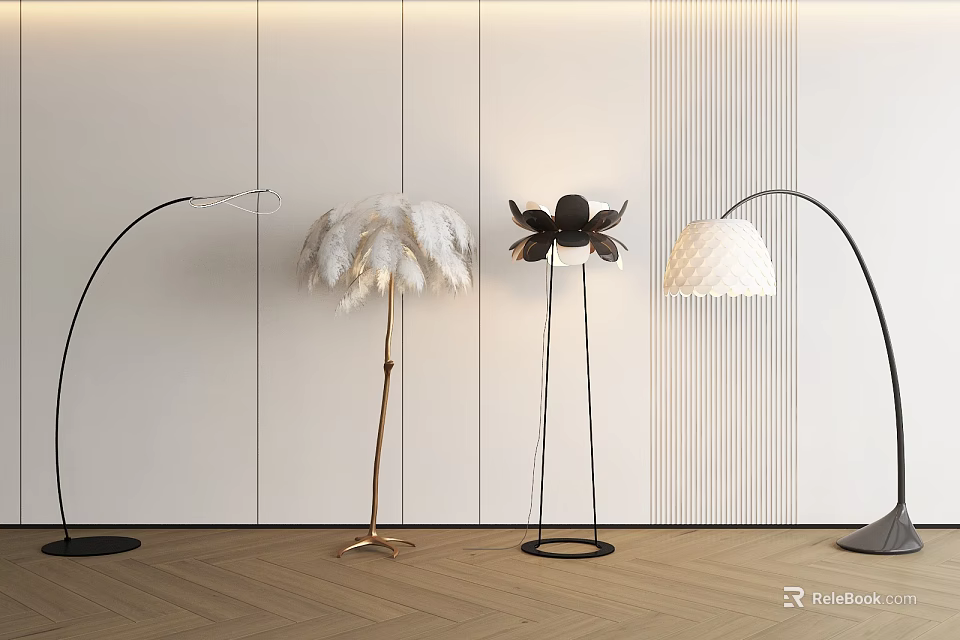 Modern Floor Lamps With Feather Flower Shade And Arched Stand For Interior Decor 3d model 