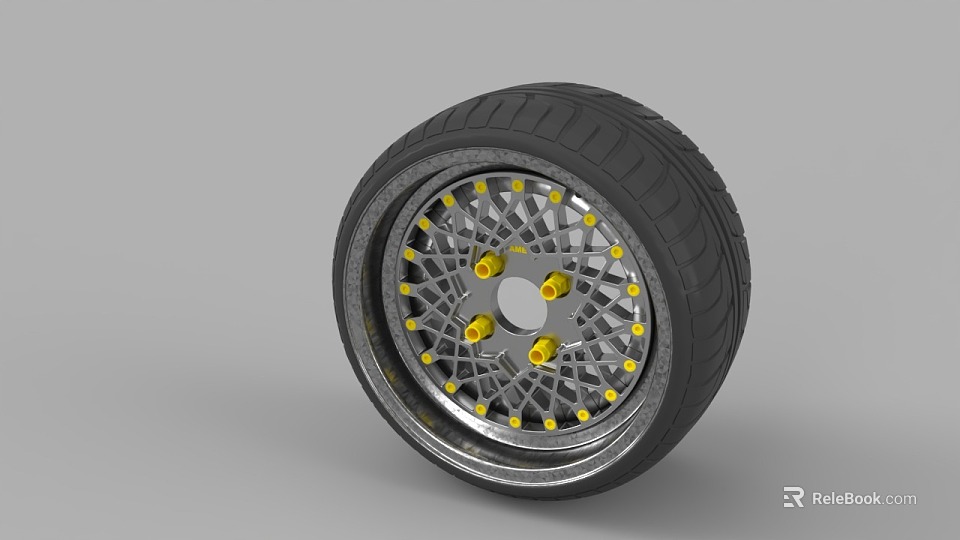Black Car Tire Featuring Metallic Wheel Rim with Yellow Bolts and Spokes 3d model 