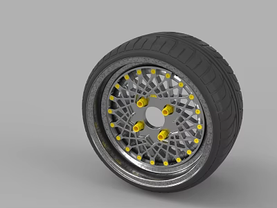 Black Car Tire Featuring Metallic Wheel Rim with Yellow Bolts and Spokes 3d model