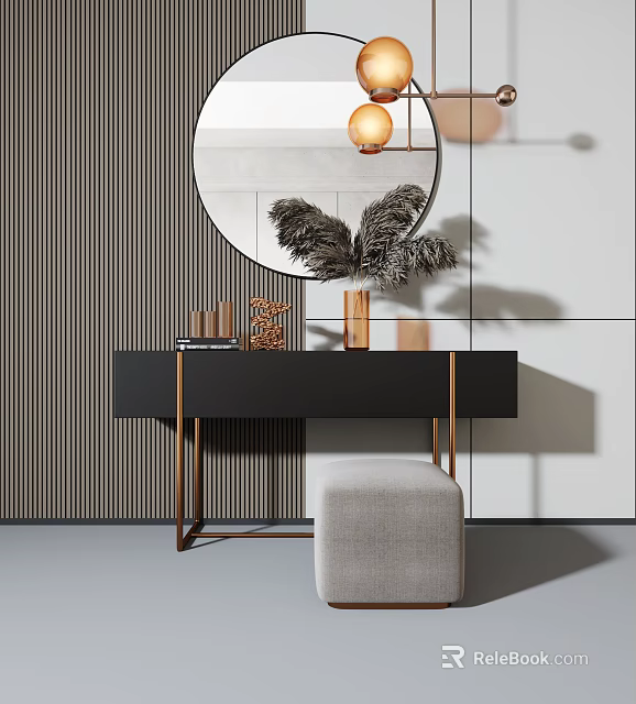 Modern Dressing Table With Round Mirror Golden Frame And Feather Decor 3d model