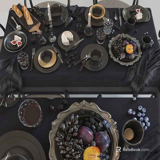 Elegant Black Tableware Collection With Fruits Candles And Wine Glasses On Table 3d model 