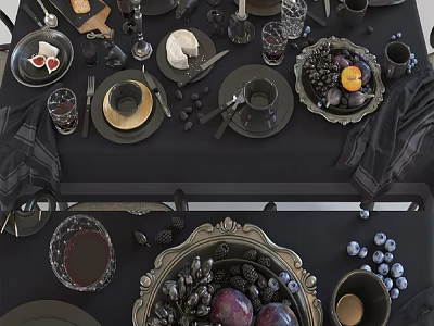 Elegant Black Tableware Collection With Fruits Candles And Wine Glasses On Table 3d model