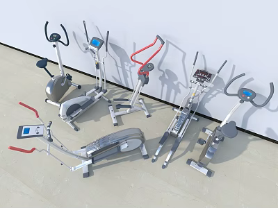 Various Indoor Fitness Equipment Showcased With Elliptical Machines Exercise Bikes And Rowers 3d model