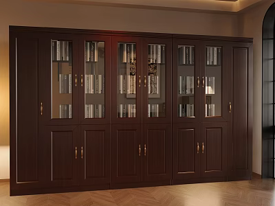 Dark Wood Bookcase With Glass And Wooden Doors Displaying Books And Decorative Items 3d model