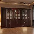 Dark Wood Bookcase With Glass And Wooden Doors Displaying Books And Decorative Items