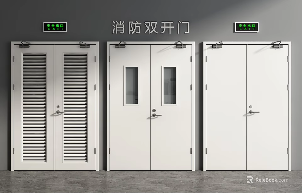 White Fire Double Doors With Louvered And Glass Panel Designs For Safety 3d model 
