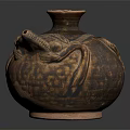 Ancient Handcrafted Clay Pot With Serpentine Carvings And Textured Brown Surface