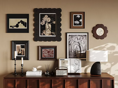 Framed Abstract Paintings On Wall With Wooden Cabinet Table Lamp And Decorative Items 3d model