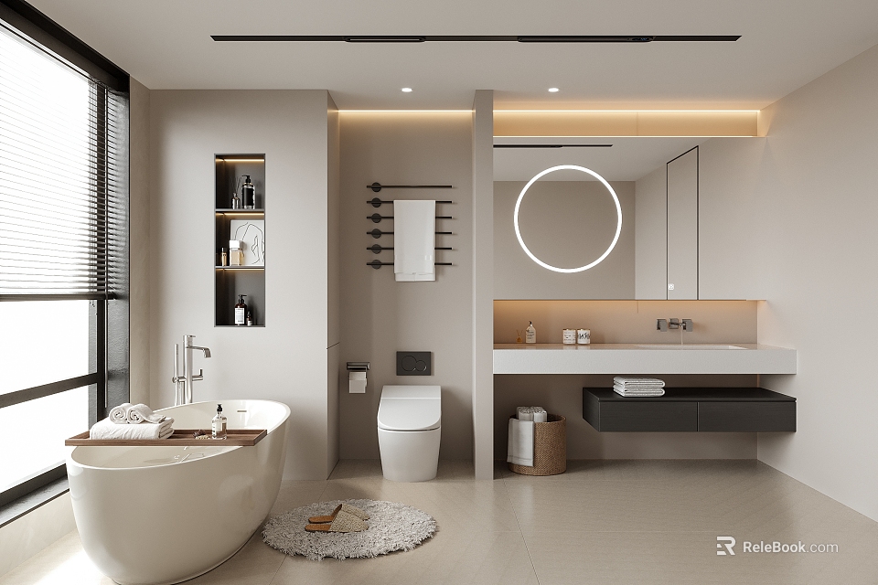 Modern Bathroom Interior Design With Round Mirror Bathtub Neutral Tones Vanity And Shelves 3d model 