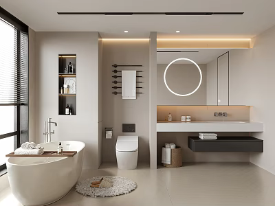 Modern Bathroom Interior Design With Round Mirror Bathtub Neutral Tones Vanity And Shelves 3d model